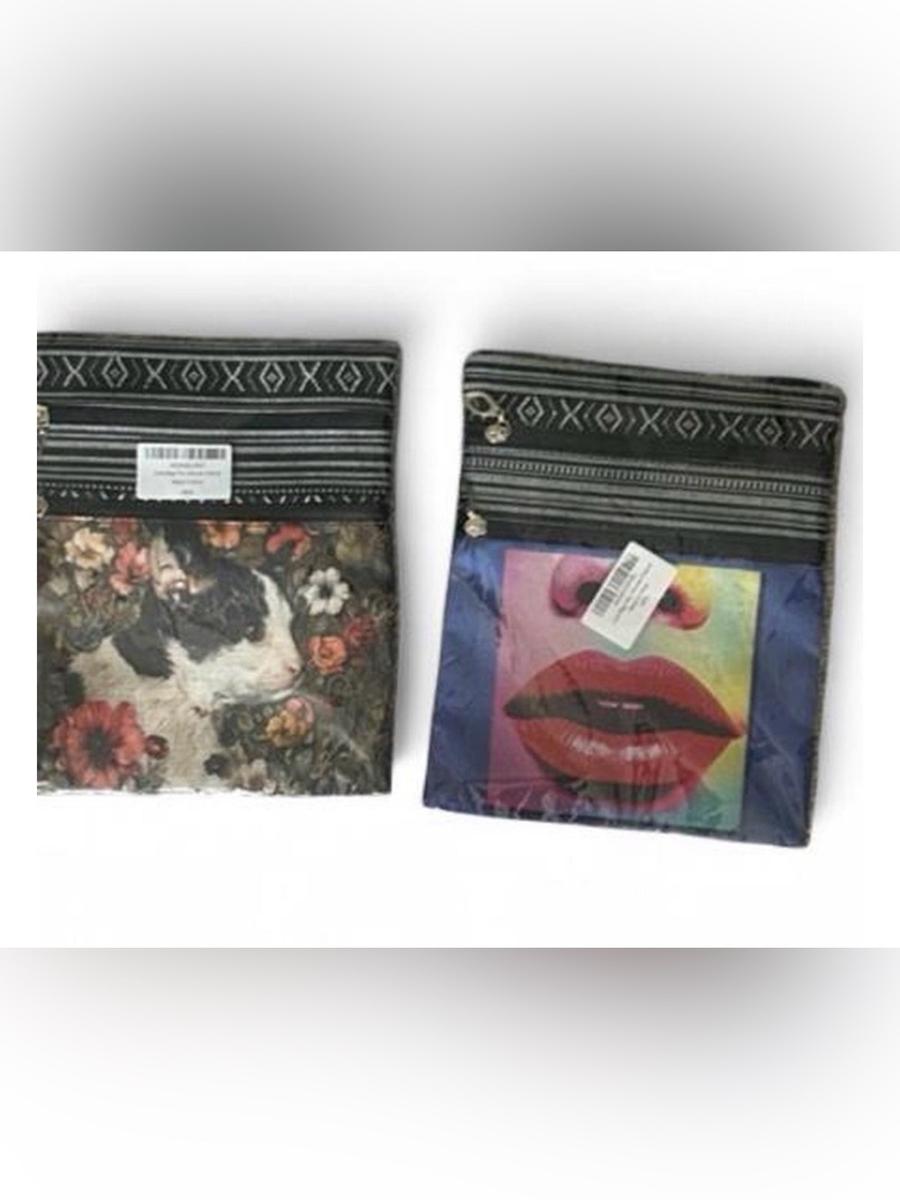 Bundle of 2 Graphic Zip Pouches with Patterned Trim - Black & Multicolor